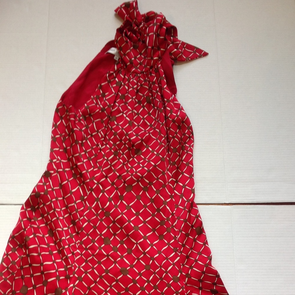 Sara Campbell Red Silk Dress Bow tie Brown